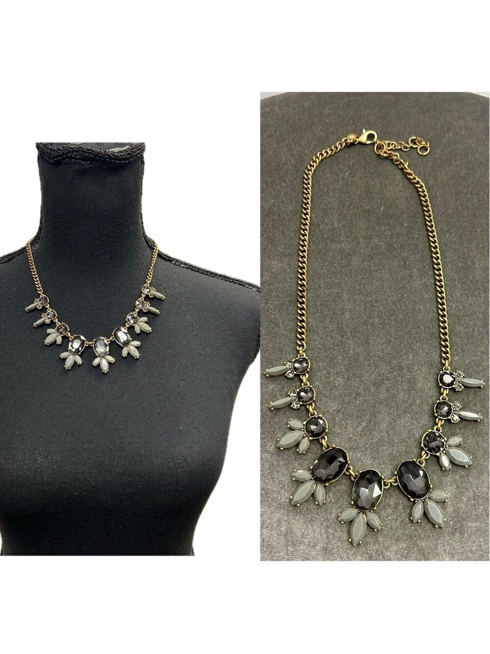 J.Crew statement necklace gold tone Smokey faceted stones gray leaf accents